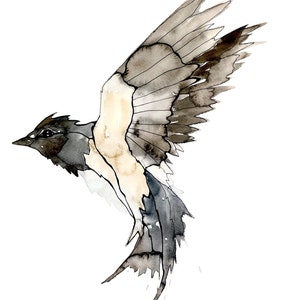 Swallow Bird Painting, Brown Art, Animal Nursery Art, Animal Watercolor, Flying Bird Art, Watercolor and Ink Original Art, 14&quot; x 11&quot;
