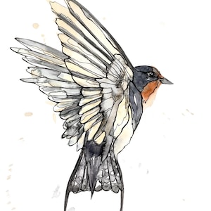 Swallow Bird Painting, Brown Art, Animal Nursery Art, Animal Watercolor, Flying Bird Art, Watercolor and Ink Original Art, 14&quot; x 11&quot;