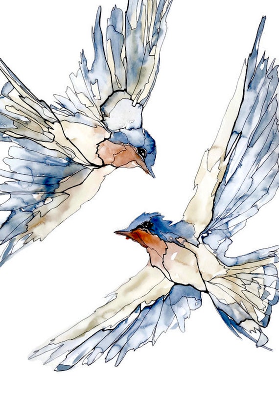 Swallow Bird Painting, Watercolor and Ink Original Art, 16" x 20"