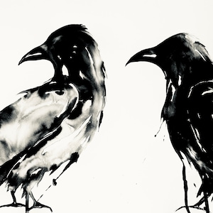 Raven 9 Art in Black Sumi Ink - Print of Original Painting