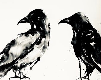 Raven 9 Art in Black Sumi Ink - Print of Original Painting