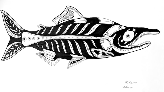Salmon Card Black and White Pen and Ink Fish Art Ocean Animal Drawing 4 X 6  Native American Style Geometric -  Canada