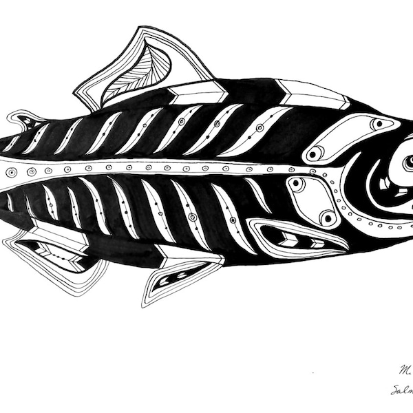 Salmon Card - Black and White Pen and Ink Fish Art - Ocean Animal Drawing - 4" x 6" - Native American Style - Geometric