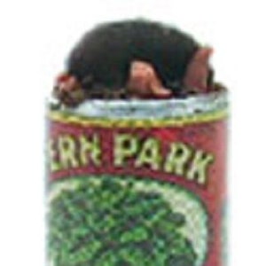 Può includere: Una lattina rossa e bianca di spinaci con le parole "Vern Park" e "Spinach" stampate sull'etichetta. Un piccolo animale marrone scuro è seduto sopra la lattina.