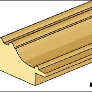 May include: End view of a wooden picture frame molding with a decorative, curved edge. The molding has a light brown color and a smooth finish.