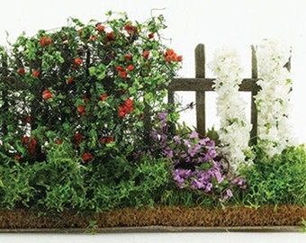 Dollhouse Miniature Red Rose Garden Fence with Hollyhocks - 1:48 / Quarter Scale