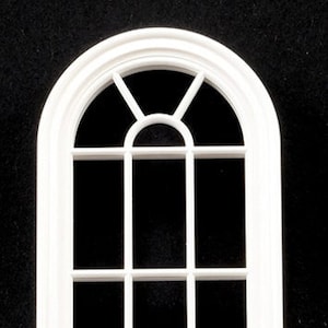 May include: White arched window frame with a grid of six panes. The window frame is made of wood and has a simple design.