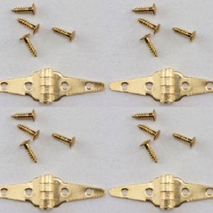 May include: Four sets of gold-toned butterfly hinges with screws. Each hinge has two holes for attaching to a surface. The hinges are designed for use in small-scale projects.