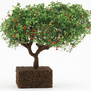 May include: A miniature tree with a brown trunk and a full canopy of green leaves and small red berries. The tree is set in a square, brown base, creating a realistic, small-scale model.