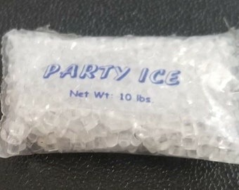 May include: A clear plastic bag of party ice with the text "PARTY ICE" in blue. The bag is labeled "Net Wt: 10 lbs." A copper penny is next to the bag for size comparison.