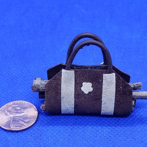 Dollhouse Miniature Gray on Brown Leather Log Carrier -- 1:12 Scale