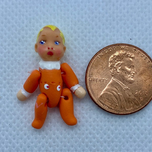 Dollhouse Miniature Baby Blond Hair Orange Sleeper Jointed Doll for Your Doll - 1:12 Scale