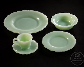 Depression Glass Dish Set Jade Milk Glass - 1:12 Dollhouse Miniature - Chrysnbon - 5 Piece Set