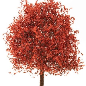 Op de afbeelding: Een miniatuurboom met felrode bladeren, ideaal voor model landschappen. De boom heeft een getextureerde bruine stam en een volle, bossige kroon van rode bladeren. De boom staat op een kleine, witte basis, waardoor een realistische miniatuurscène ontstaat.