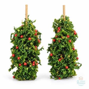 May include: Two miniature topiary trees featuring dense green foliage and small red berries. Each tree is supported by a central light brown wooden stake. The base of the right tree features a small circular logo with the text All About Miniatures.