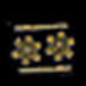 May include: A pair of stud earrings featuring a central circular element surrounded by six smaller yellow circular accents arranged in a flower-like pattern. The design incorporates dark green and gold-toned components against a black background.