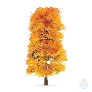 May include: A miniature model tree featuring a dense canopy of vibrant orange and yellow autumn foliage. The tree has a textured brown trunk and is displayed against a plain white background. A small logo in the corner reads AAM All About Miniatures.