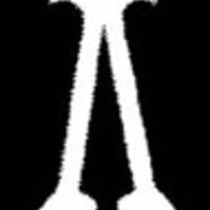 May include: A white silhouette of a vertical metal baluster featuring a rectangular top section, a central decorative element with curved arms forming an open diamond shape, and a solid rectangular base with a vertical slit detail in the center.