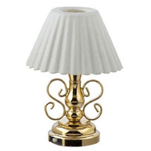 Dollhouse Miniature LED Brass Table Lamp with Fluted Shade -- 1:12 Scale