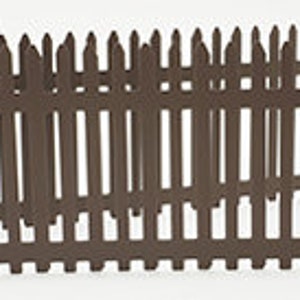 May include: A brown wooden picket fence with a slight curve in the middle.