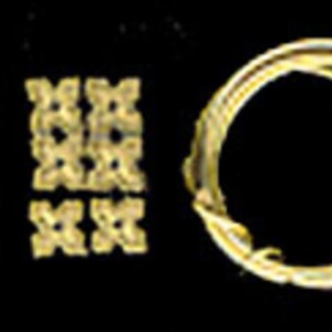 May include: A collection of gold-colored metal components including four elongated teardrop-shaped pieces with central holes, four square-shaped decorative ornaments with intricate cutouts, and a single circular coil of thin gold-colored wire.