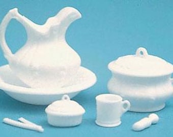 Dollhouse Miniature White Pitcher Basin and Chamber Set 1-12 Scale