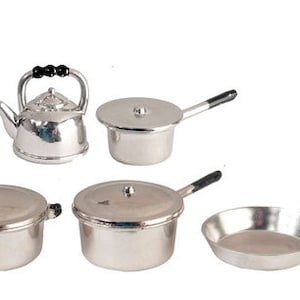 Dollhouse Miniature 10 Pc Metal Cookware Set (Pots & Pans) - Silver - 1:12 Scale