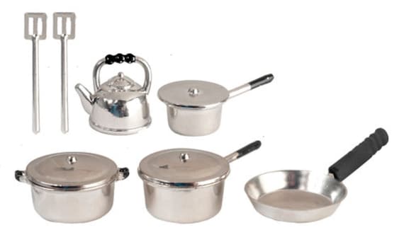Dollhouse Miniature 10 Pc Metal Cookware Set pots & Pans Silver 1:12 Scale  