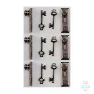 Dollhouse Miniature Door Knobs with Key Plate and Keys - Pewter (6 pack) 1:24 Scale