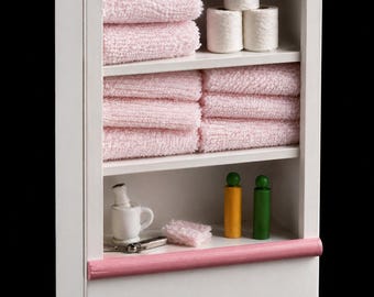 Linen Cupboard with Accessories: 1-12 Scale Dollhouse Miniature - Bathroom Storage - Pink (4 colors available)