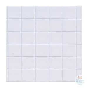 May include: A white sheet featuring a grid of small, uniform square tiles with thin, light gray grout lines. In the bottom right corner, there is a circular logo containing the text AAM All About Miniatures in a light blue font.
