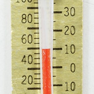 Op de afbeelding: Een gouden thermometer met rode vloeistof erin. De thermometer heeft een schaal in zowel Fahrenheit als Celsius. De schaal loopt van 20 tot 120 graden Fahrenheit en van -10 tot 50 graden Celsius. De thermometer is gemarkeerd met "MAD I.S.A."