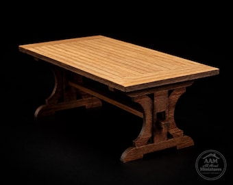 Kit per tavolo da pranzo gotico con cavalletti - Scala 1:12 - Legno tagliato al laser - Miniatura per casa delle bambole - Finitura noce