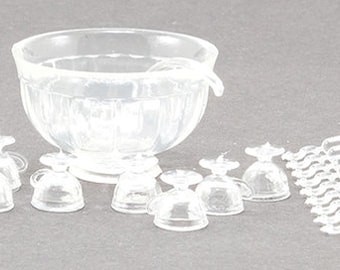 Dollhouse Miniature 8 Piece Punch Bowl Set - Crystal Color - 1:12 Scale