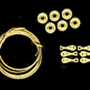 May include: A gold-toned jewelry making kit consisting of a coiled wire, six small circular jump rings, and six lobster claw clasps. The components are arranged on a black background, showcasing the metallic finish and the individual hardware pieces.