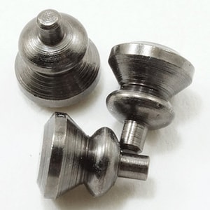 May include: Three silver metal knobs with a rounded, domed top and a small, round base. The knobs have a textured, brushed finish.