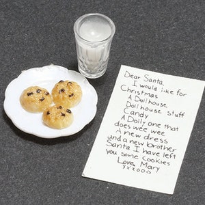 Galletas navideñas en miniatura para casa de muñecas, leche y carta para Papá Noel (escala 1:12)