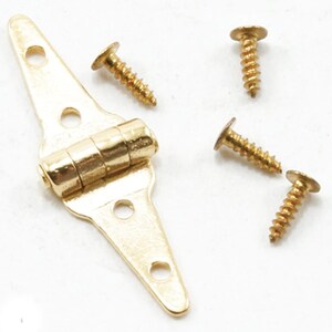 May include: A gold-toned metal hinge with a central barrel and two elongated triangular plates, each featuring two circular screw holes. The hinge is accompanied by four matching gold-toned metal screws with flat heads and threaded shanks.
