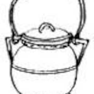 May include: A black and white line drawing of a round, three-legged cauldron with a lid and a tall, arched handle. The pot features a horizontal band around its center and a small knob on the center of the lid, rendered in a simple sketch style.