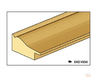 May include: A light tan wooden molding strip with a curved profile and a recessed edge. The image displays an end view of the piece, featuring a smooth surface and a distinct shape. The text END VIEW is printed in black near the bottom right corner.