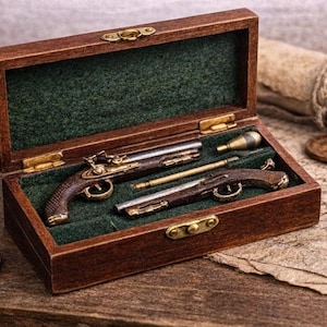 Può includere: Una piccola scatola di legno con coperchio incernierato, contenente due repliche di pistole antiche, un'asta di pulizia e un piccolo telescopio. La scatola è foderata con feltro verde. Un centesimo, monete e una pergamena sono nelle vicinanze.