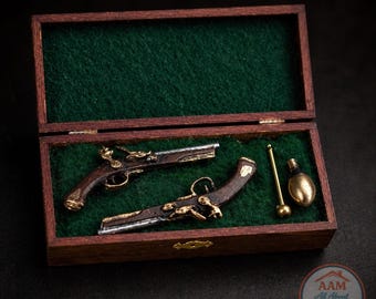 Dollhouse Miniature Dueling Pistol Set with Case – Handmade 1:12 Scale Flintlock Pistols – Victorian Study – Artisan Crafted