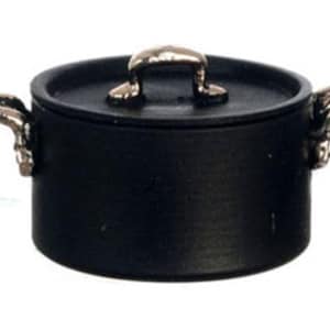 May include: A small, matte black cooking pot with a matching lid and two metallic silver handles on the sides. The pot features a cylindrical body and a flat lid with a central metallic silver handle, presenting a simple and functional design.
