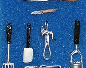 Juego de 7 utensilios de cocina en miniatura para casa de muñecas, escala 1:12