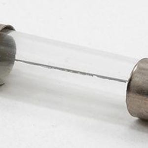 May include: A cylindrical glass electrical fuse featuring metallic silver-colored end caps. The clear glass body reveals a thin, straight internal wire filament running through the center, connecting the two conductive metal terminals at each end.