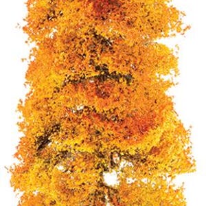 Könnte beinhalten: Ein Miniaturmodell eines Baumes mit einer dichten, strukturierten Baumkrone aus leuchtend orangefarbenem und gelbem Herbstlaub. Der Baum hat einen schlanken, dunkelbraunen Stamm, der in einem kleinen, runden Sockel endet und einen Laubbaum darstellt.