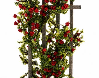Dollhouse Miniature Red Rose Trellis - Climbing Roses - 1-12 Scale - Garden Landscaping