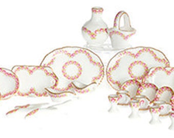 Dollhouse Miniature 50 Piece Porcelain Tea/Dinner Set (Pink Flower) - 1:12 Scale