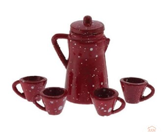 May include: A miniature red coffee pot with a lid and four matching small cups, all featuring a white speckled pattern. The set includes a logo in the bottom right corner with the text AAM All About Miniatures.