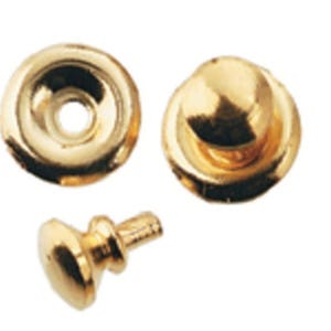 May include: Three gold-colored metal snap fastener components. The set includes one circular socket piece with a center hole, one rounded cap piece, and one stud piece with a threaded-style post, all featuring a polished, reflective metallic finish.